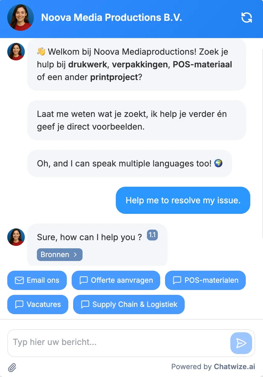 Noova Mediaproductions chatbot styled to the brand