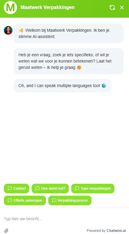 Maatwerkverpakkingen chatbot styled to the brand